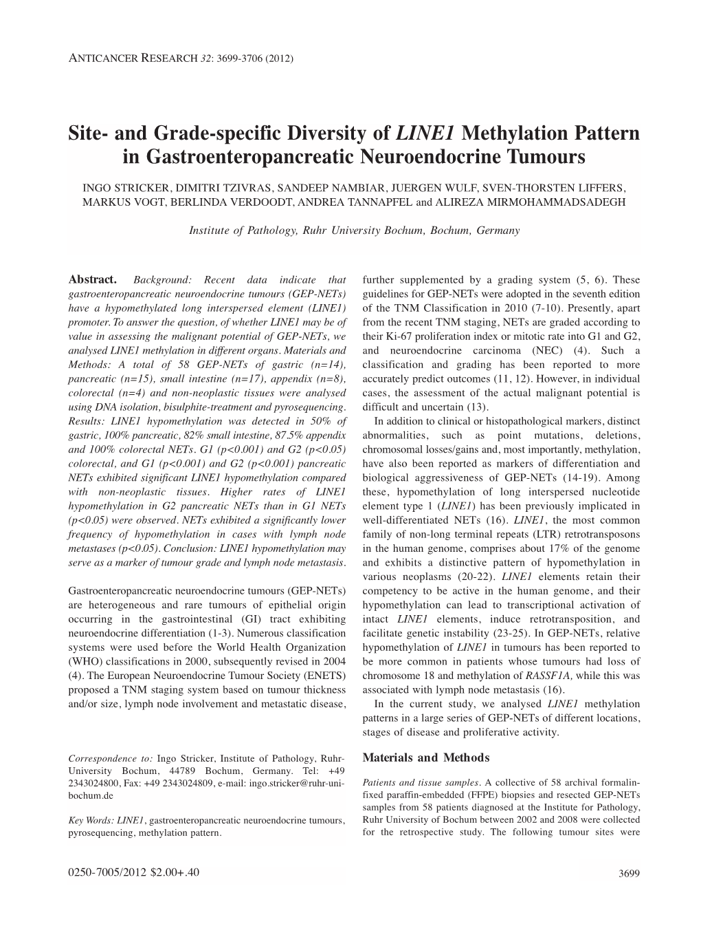 Site- and Grade-Specific Diversity of LINE1 Methylation Pattern in Gastroenteropancreatic Neuroendocrine Tumours