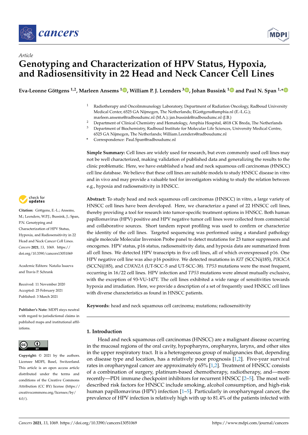Genotyping and Characterization of HPV Status, Hypoxia, and Radiosensitivity in 22 Head and Neck Cancer Cell Lines