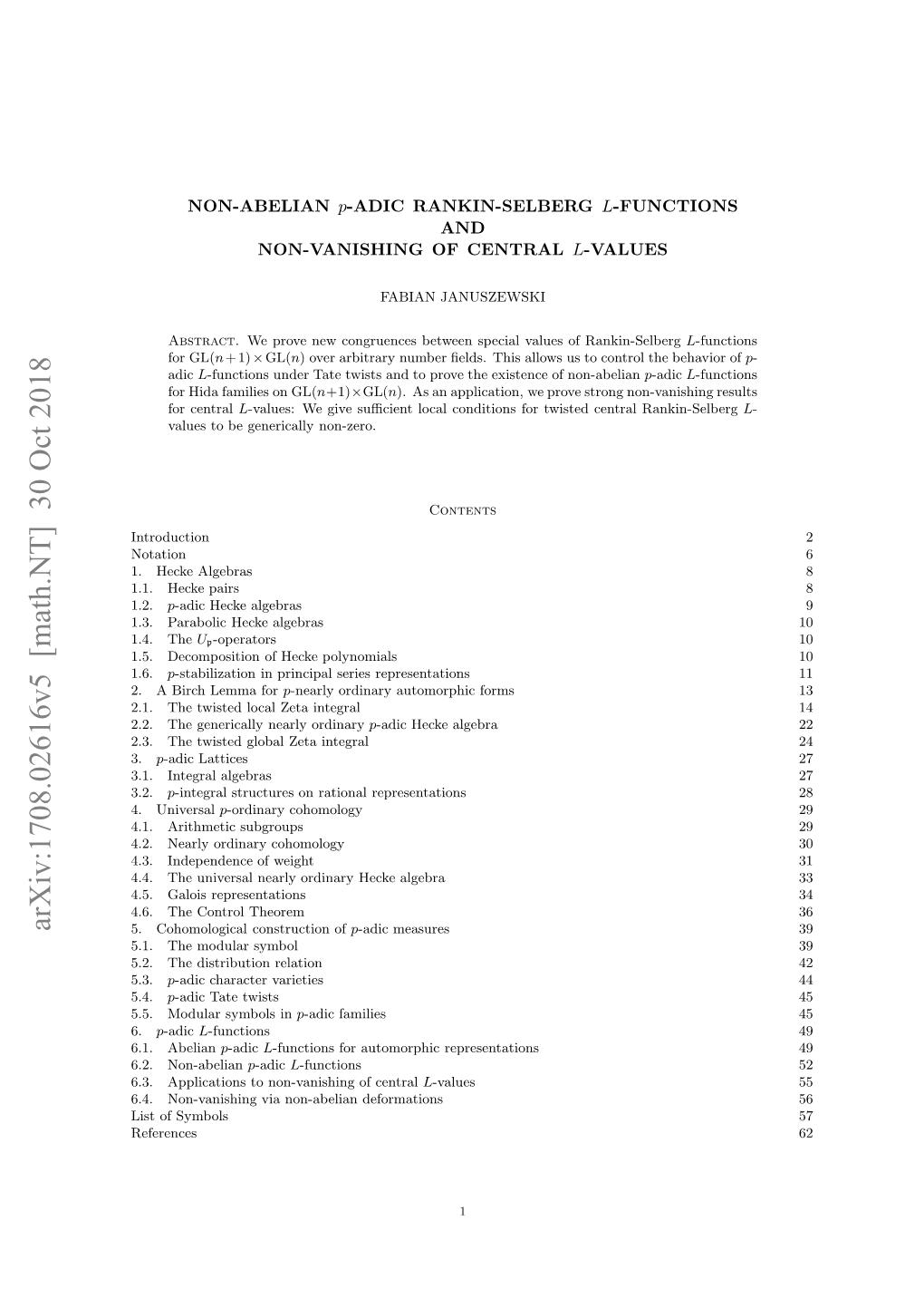 Arxiv:1708.02616V5 [Math.NT] 30 Oct 2018 ..Apiain Onnvnsigo Central of Non-Vanishing to Applications 6.3