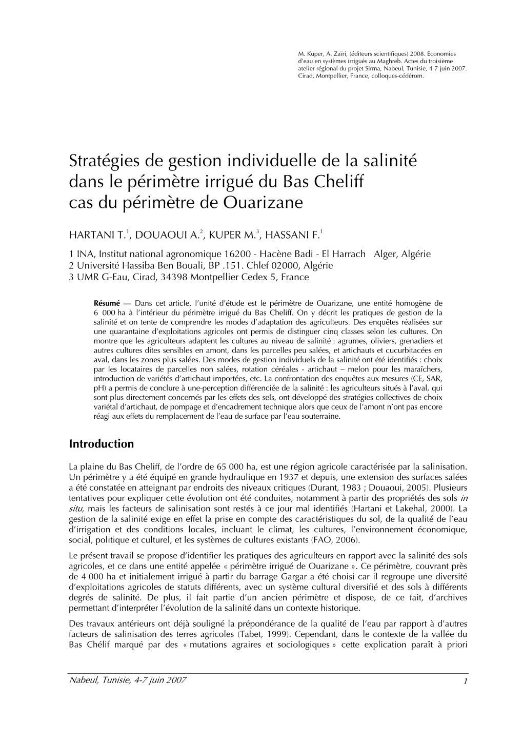 Stratégies De Gestion Individuelle De La Salinité Dans Le Périmètre Irrigué Du Bas Cheliff Cas Du Périmètre De Ouarizane