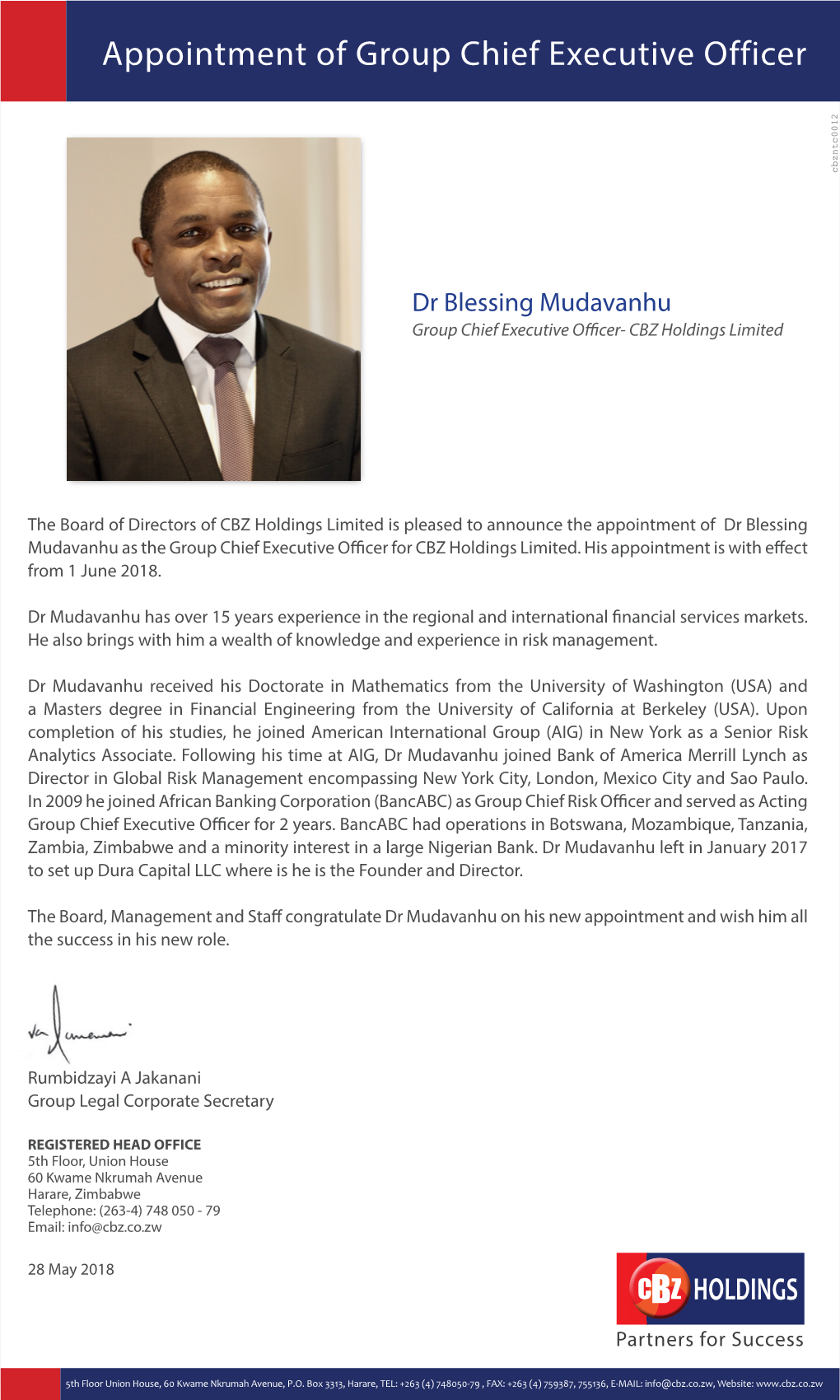 Appointment of Group Chief Executive Officer