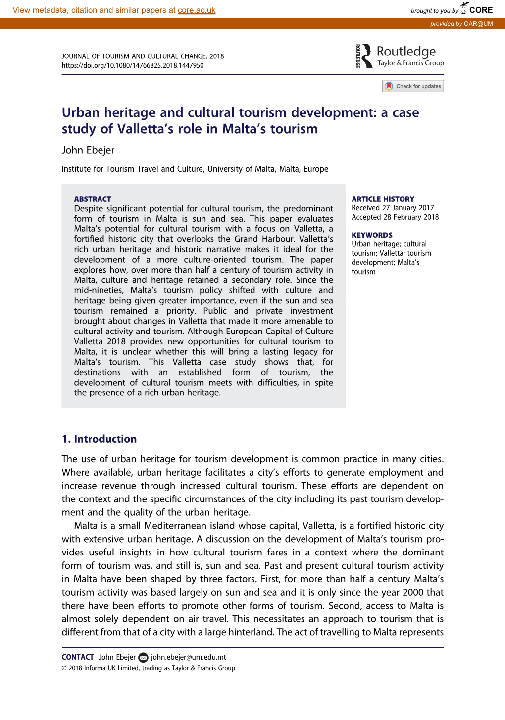 A Case Study of Valletta's Role in Malta's Tourism