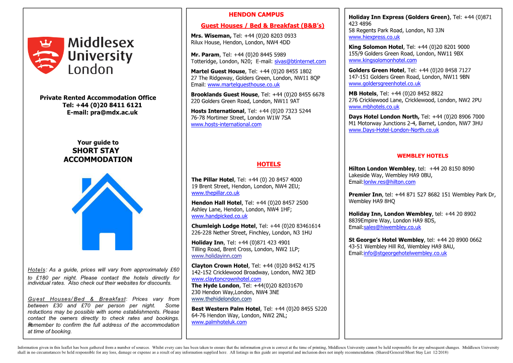 Short Stay Accommodation List