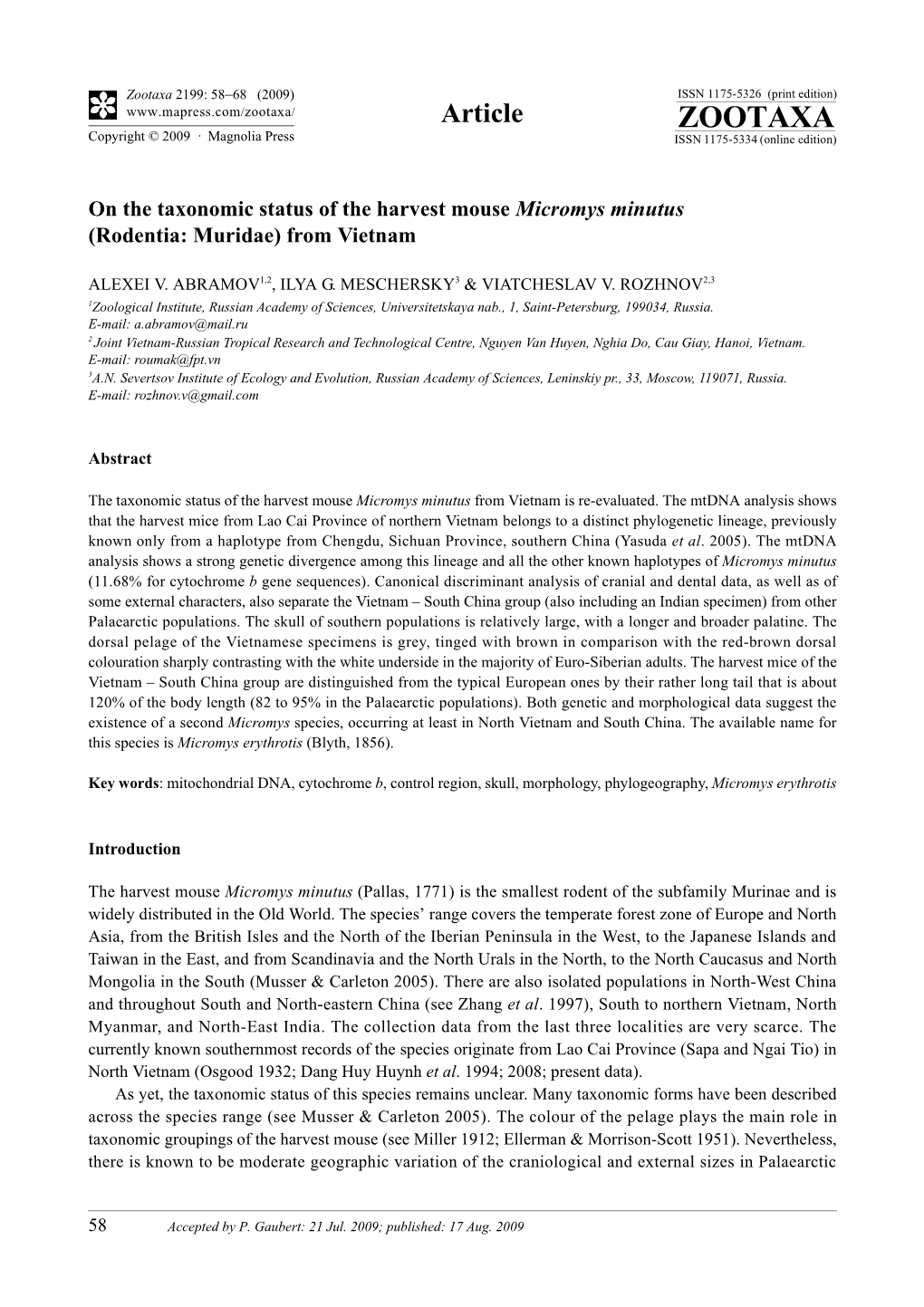 Zootaxa, on the Taxonomic Status of the Harvest Mouse Micromys Minutus