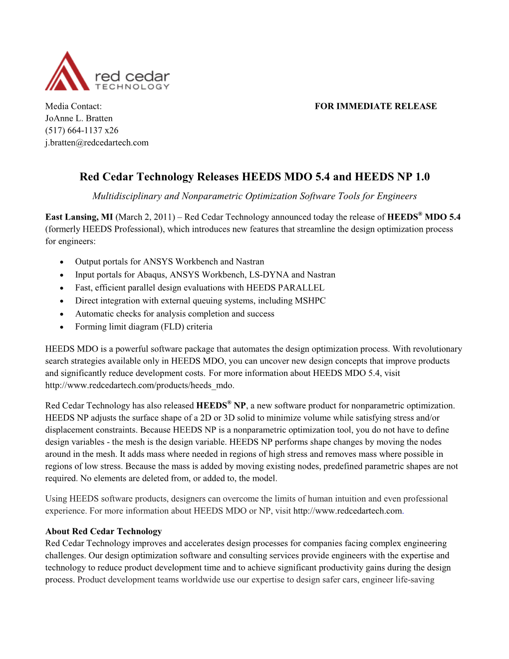 Red Cedar Technology Releases HEEDS MDO 5.4 and HEEDS NP 1.0 Multidisciplinary and Nonparametric Optimization Software Tools for Engineers