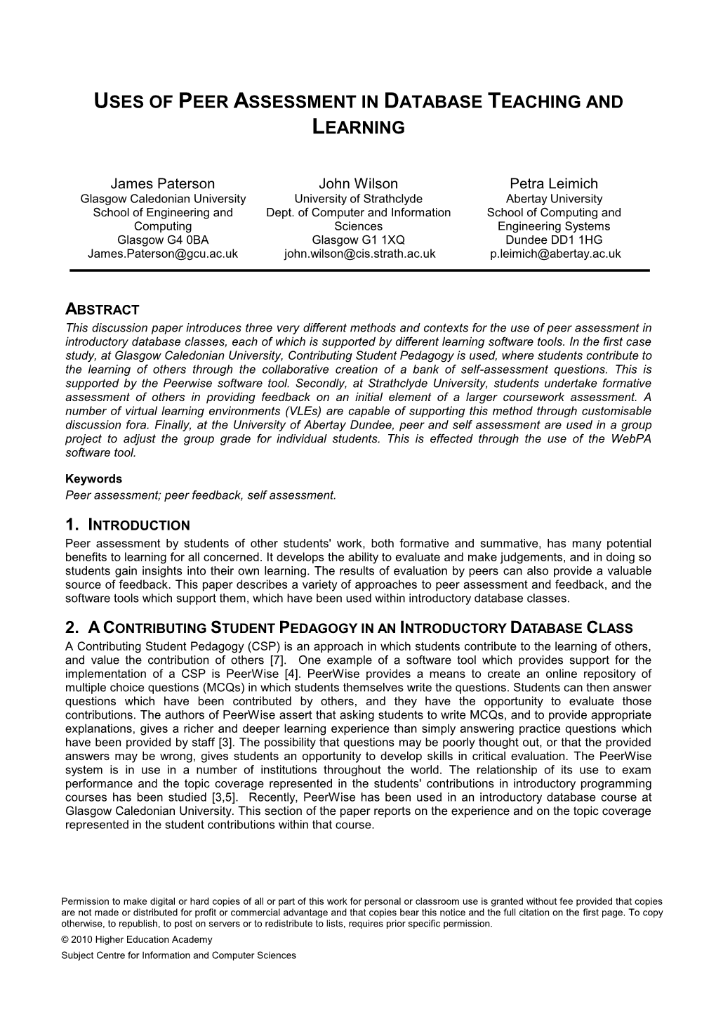 Uses of Peer Assessment in Database Teaching and Learning