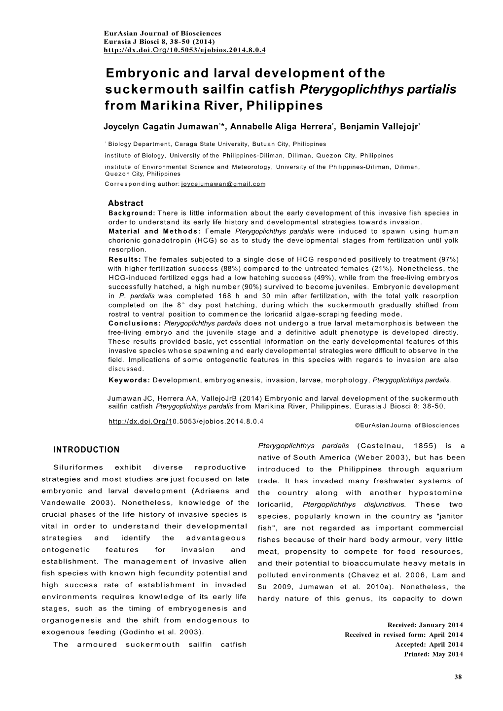 Embryonic and Larval Development of the Suckermouth Sailfin Catfish Pterygoplichthys Partialis from Marikina River, Philippines