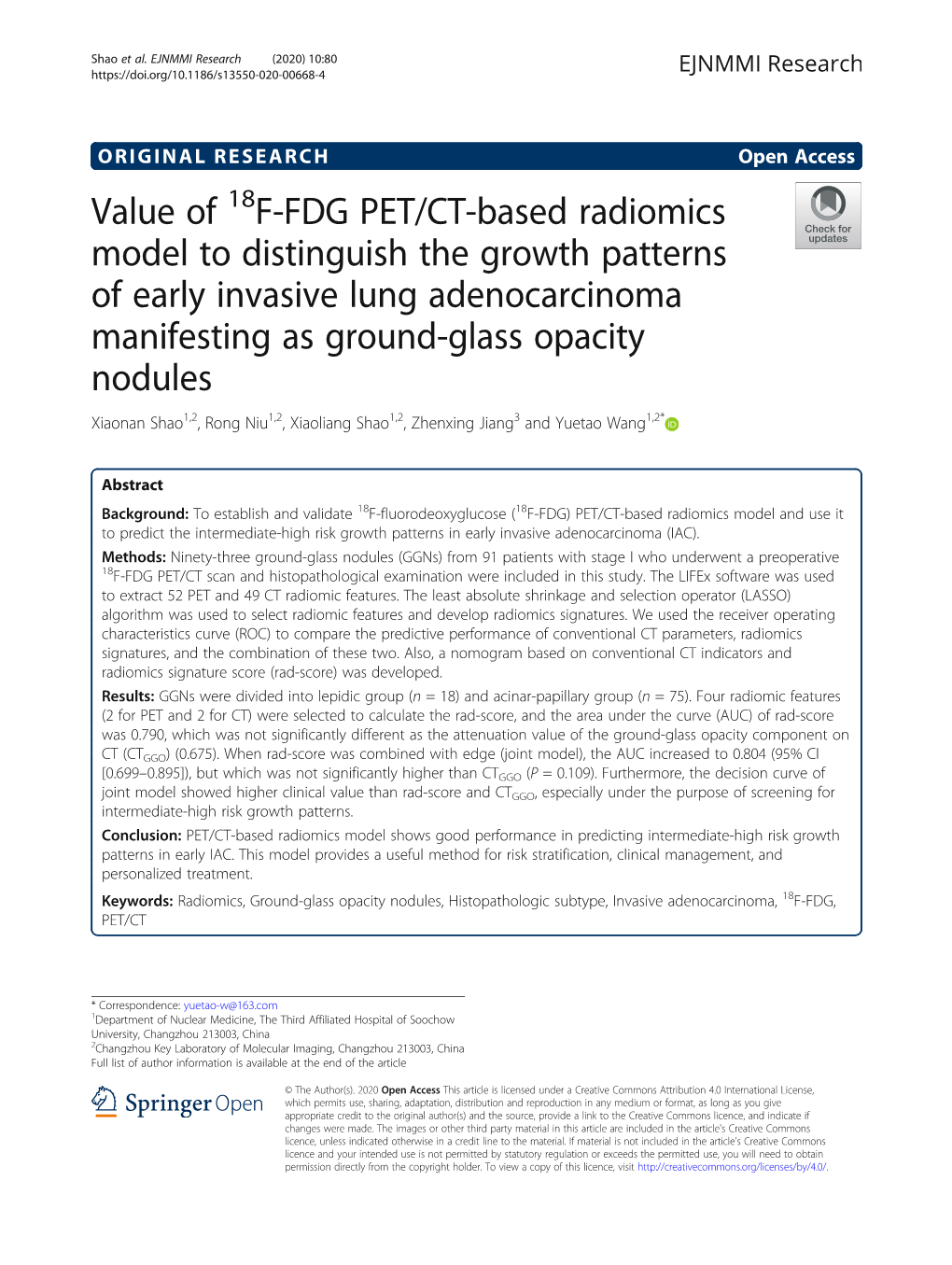 Value of 18F-FDG PET/CT-Based Radiomics Model to Distinguish the Growth Patterns of Early Invasive Lung Adenocarcinoma Manifesti