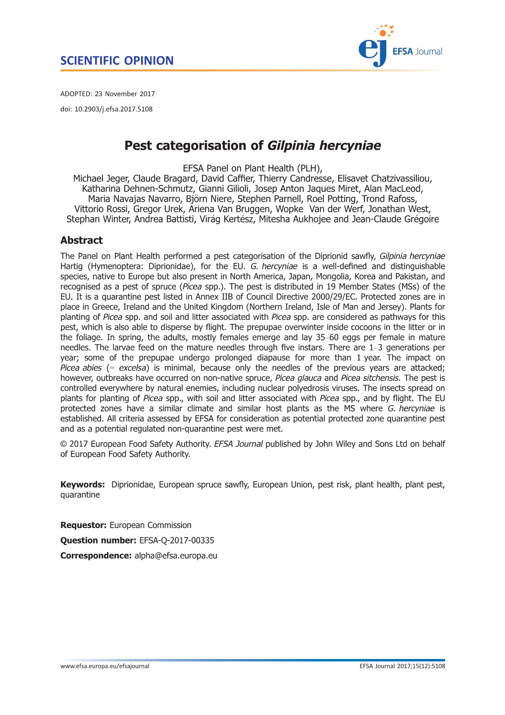 Pest Categorisation of Gilpinia Hercyniae