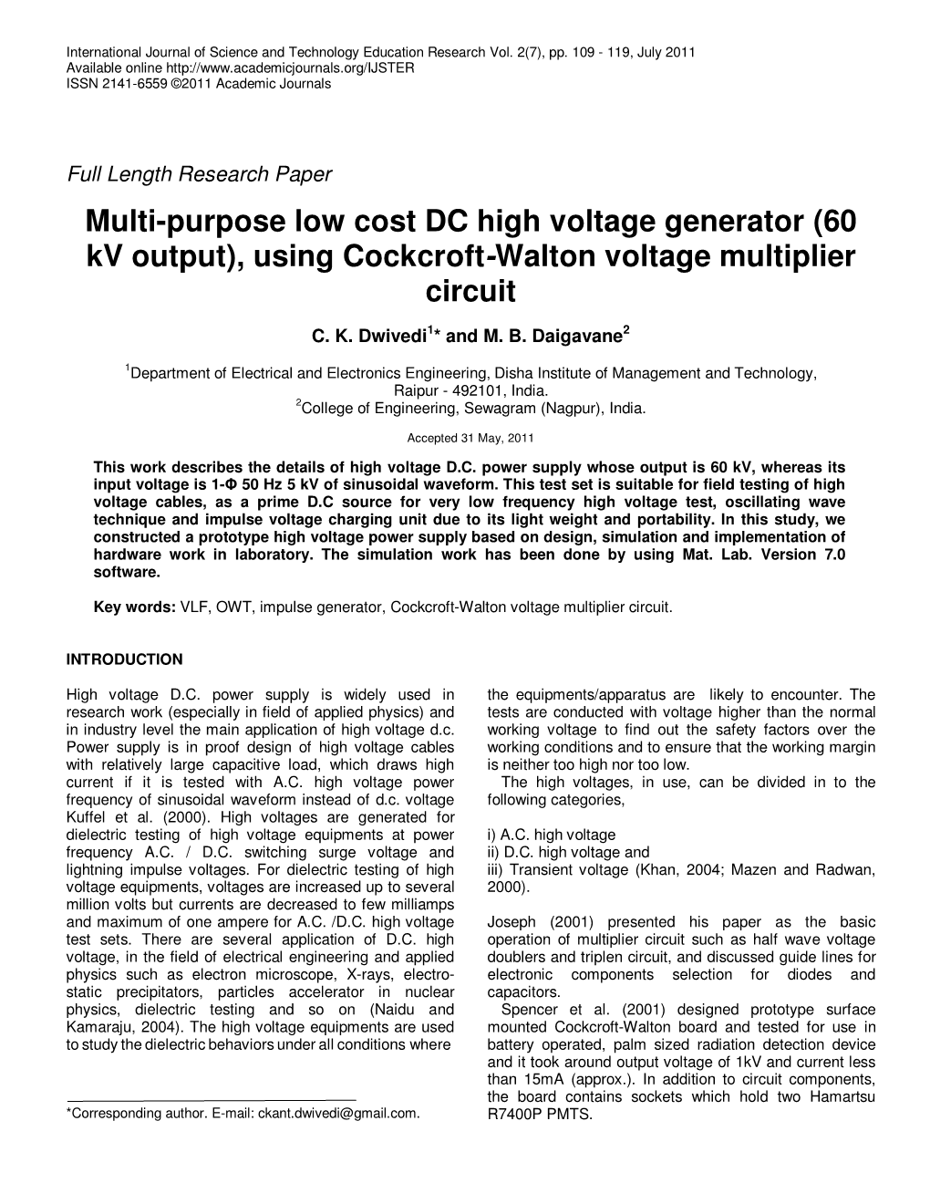 Using Cockcroft-Walton Voltage Multiplier Circuit