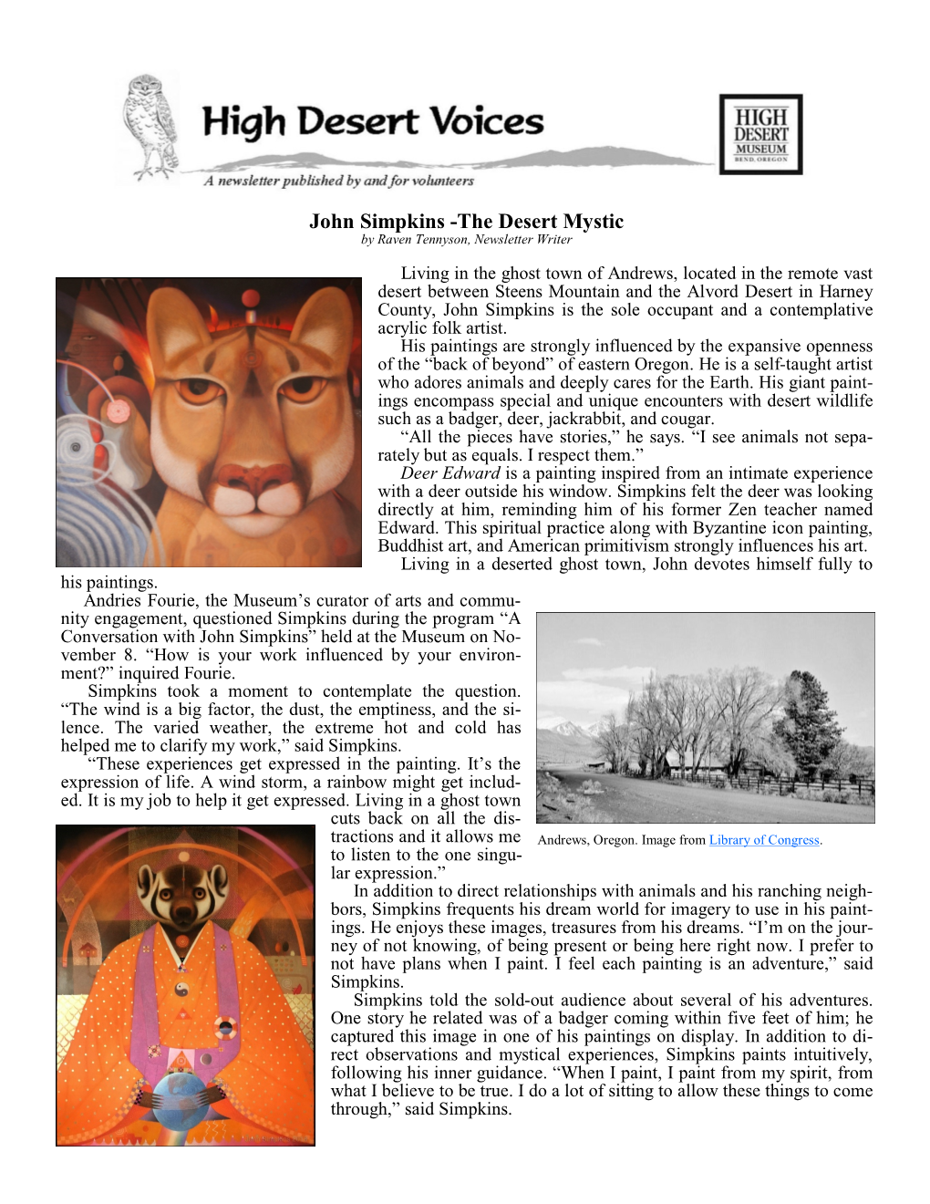 John Simpkins -The Desert Mystic by Raven Tennyson, Newsletter Writer