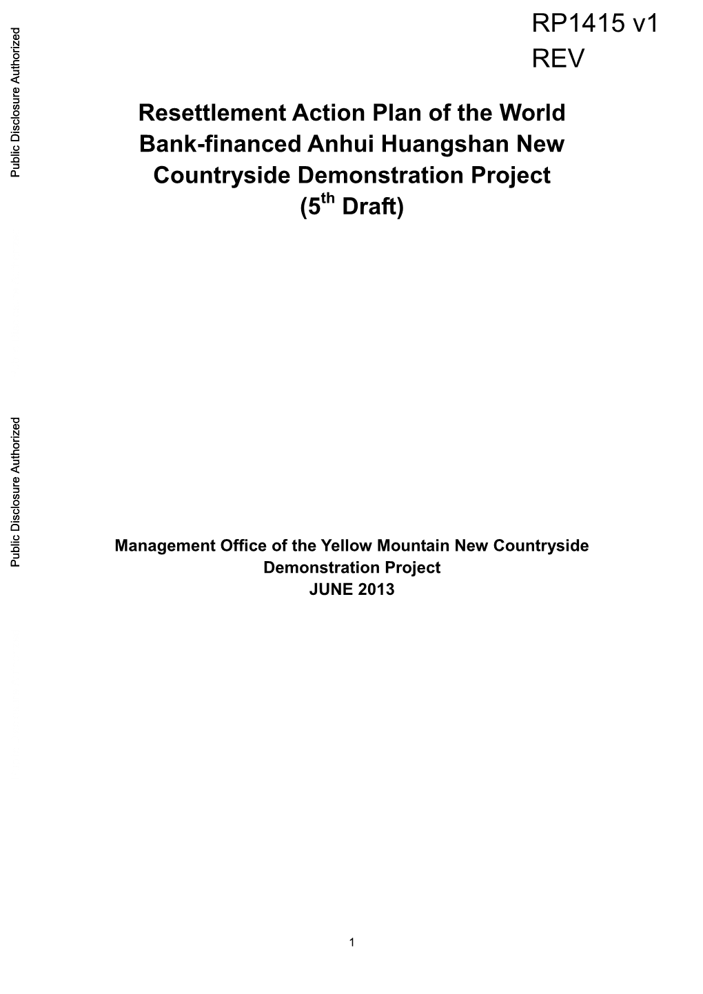 Resettlement Action Plan of the World Bank-Financed Anhui Huangshan New