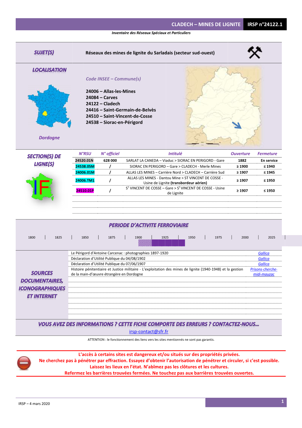 CLADECH – MINES DE LIGNITE IRSP N°24122.1 Inventaire Des Réseaux Spéciaux Et Particuliers