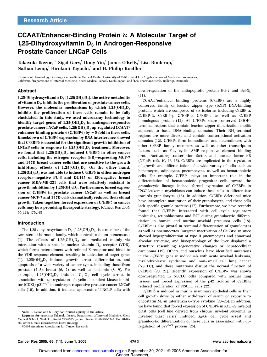 CCAAT/Enhancer-Binding Protein D: a Molecular Target of 1,25-Dihydroxyvitamin D3 in Androgen-Responsive Prostate Cancer Lncap Ce