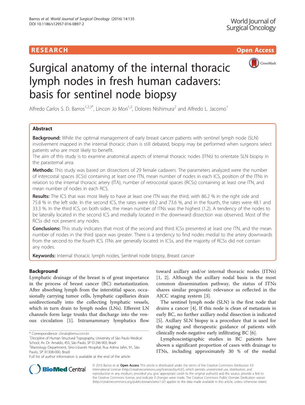Surgical Anatomy of the Internal Thoracic Lymph Nodes in Fresh Human Cadavers: Basis for Sentinel Node Biopsy Alfredo Carlos S
