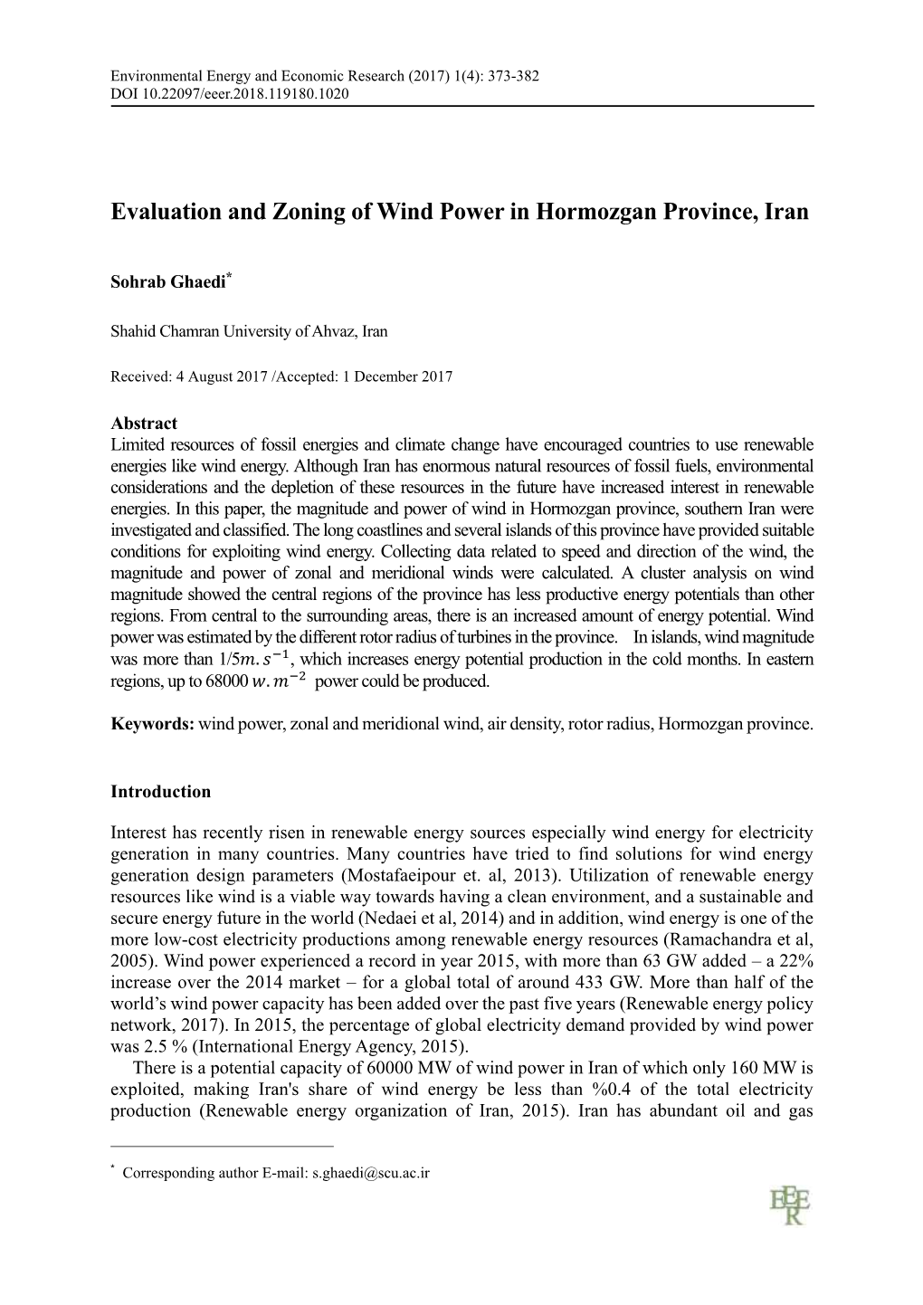 Evaluation and Zoning of Wind Power in Hormozgan Province, Iran