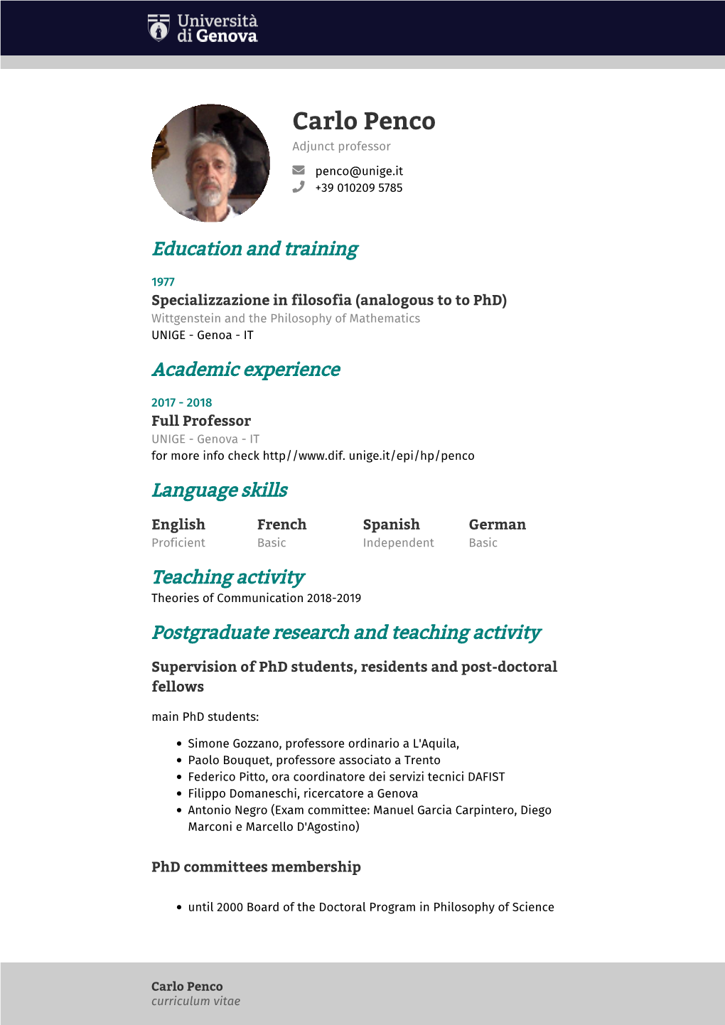 Curriculum Vitae Di CARLO PENCO