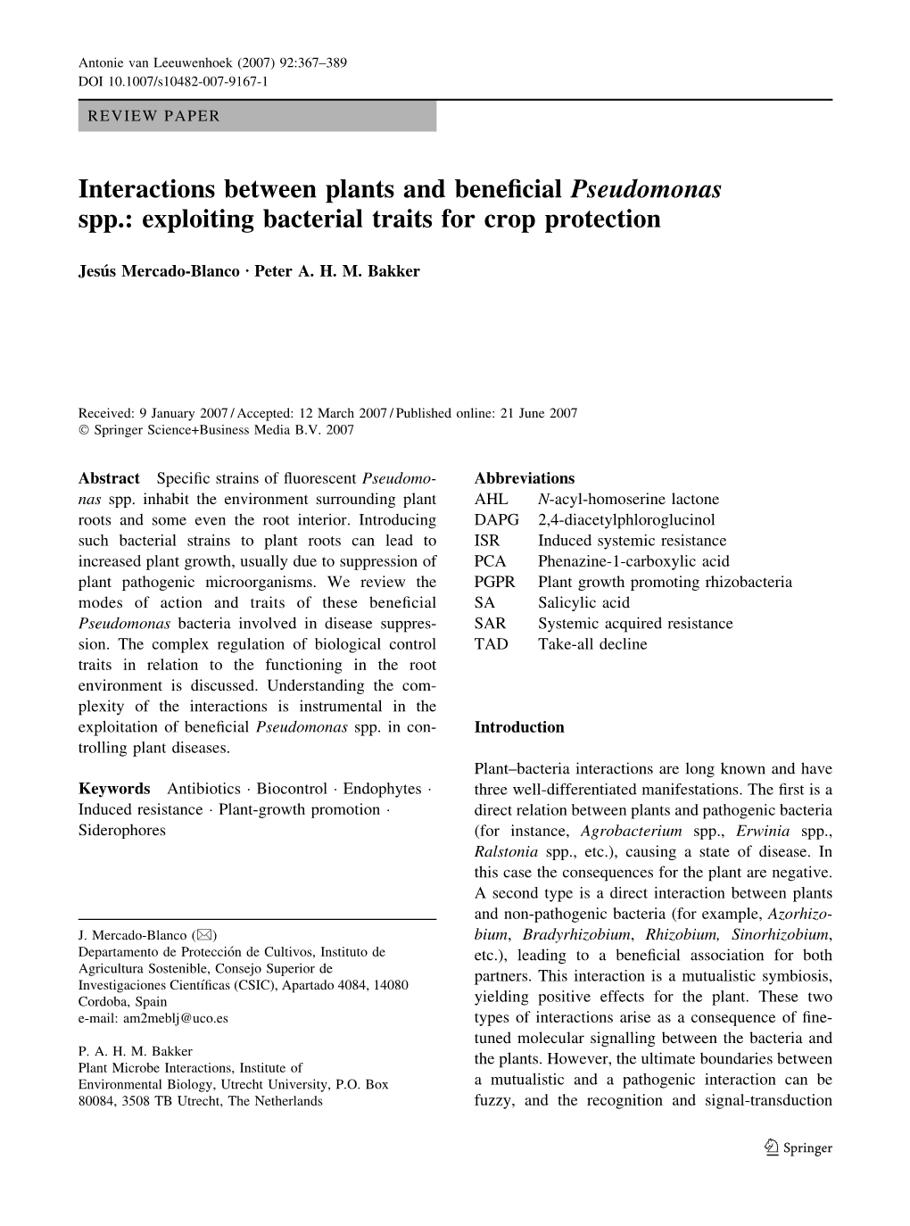 Interactions Between Plants and Beneficial Pseudomonas Spp