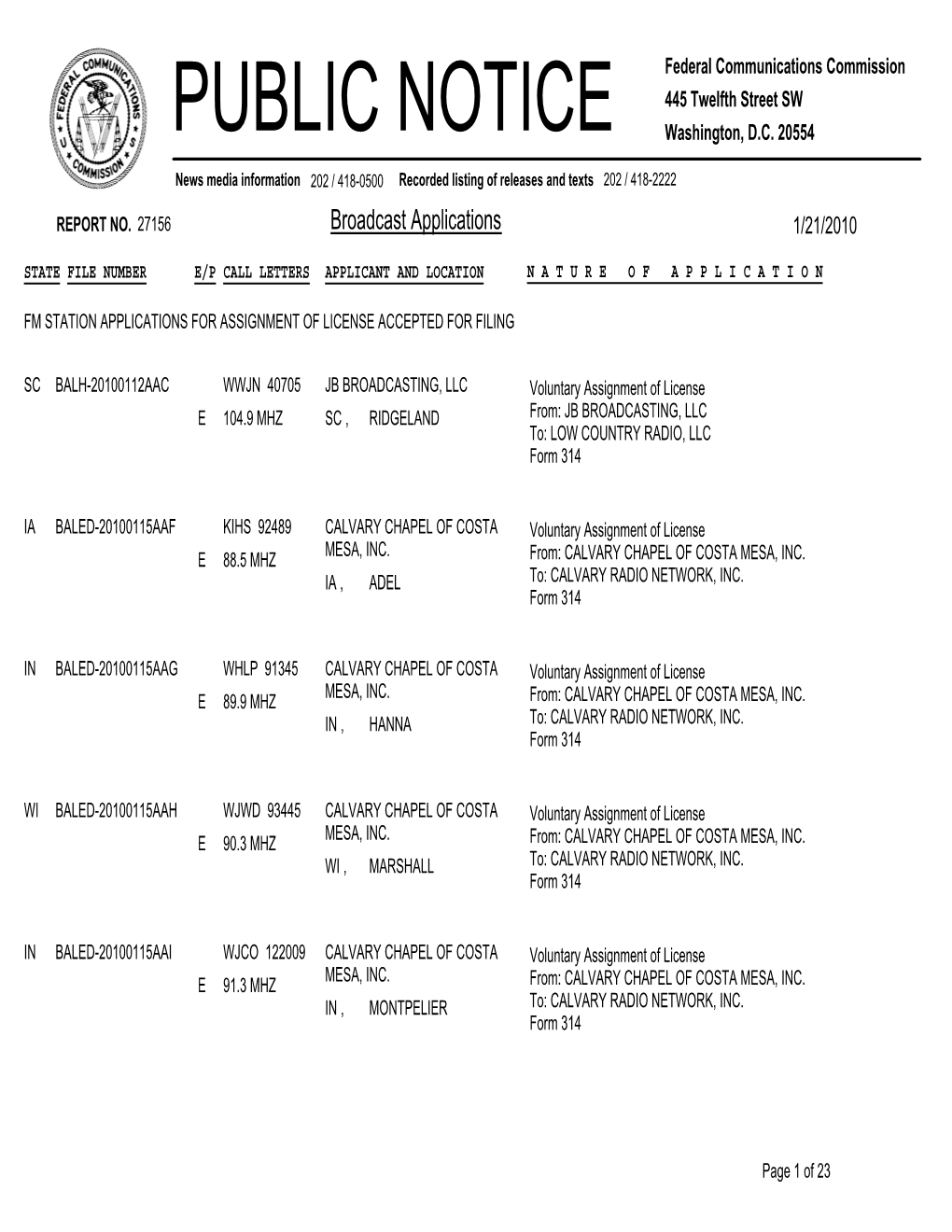 Broadcast Applications 1/21/2010