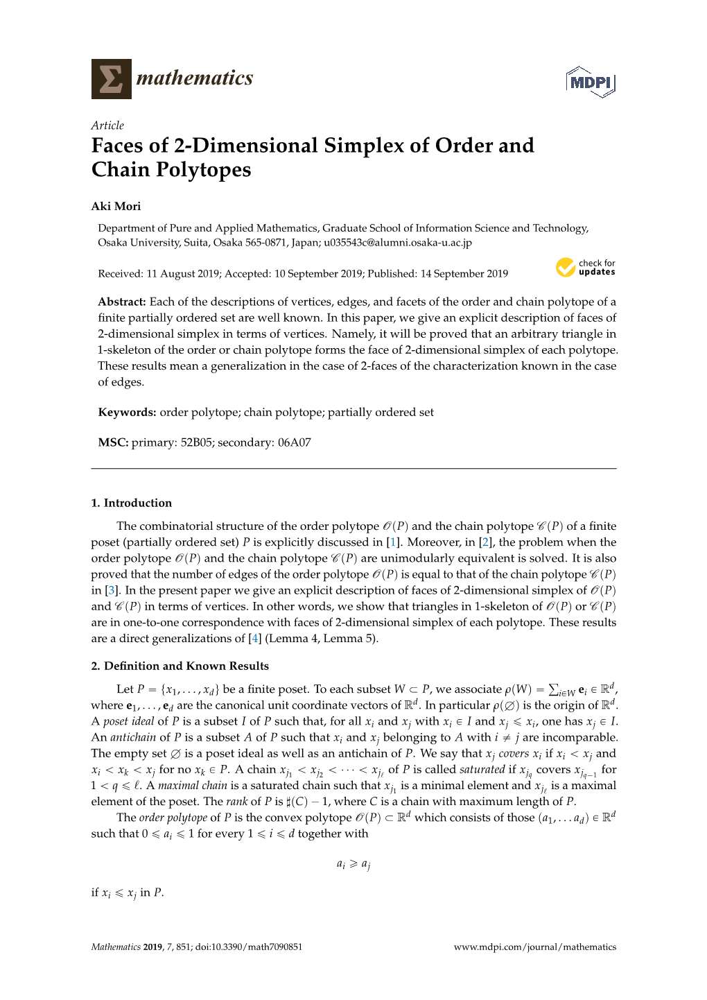 Faces of 2-Dimensional Simplex of Order and Chain Polytopes