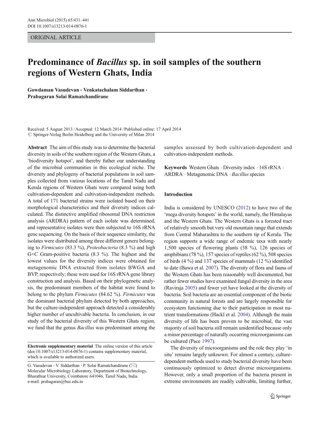 Predominance of Bacillus Sp. in Soil Samples of the Southern Regions of Western Ghats, India