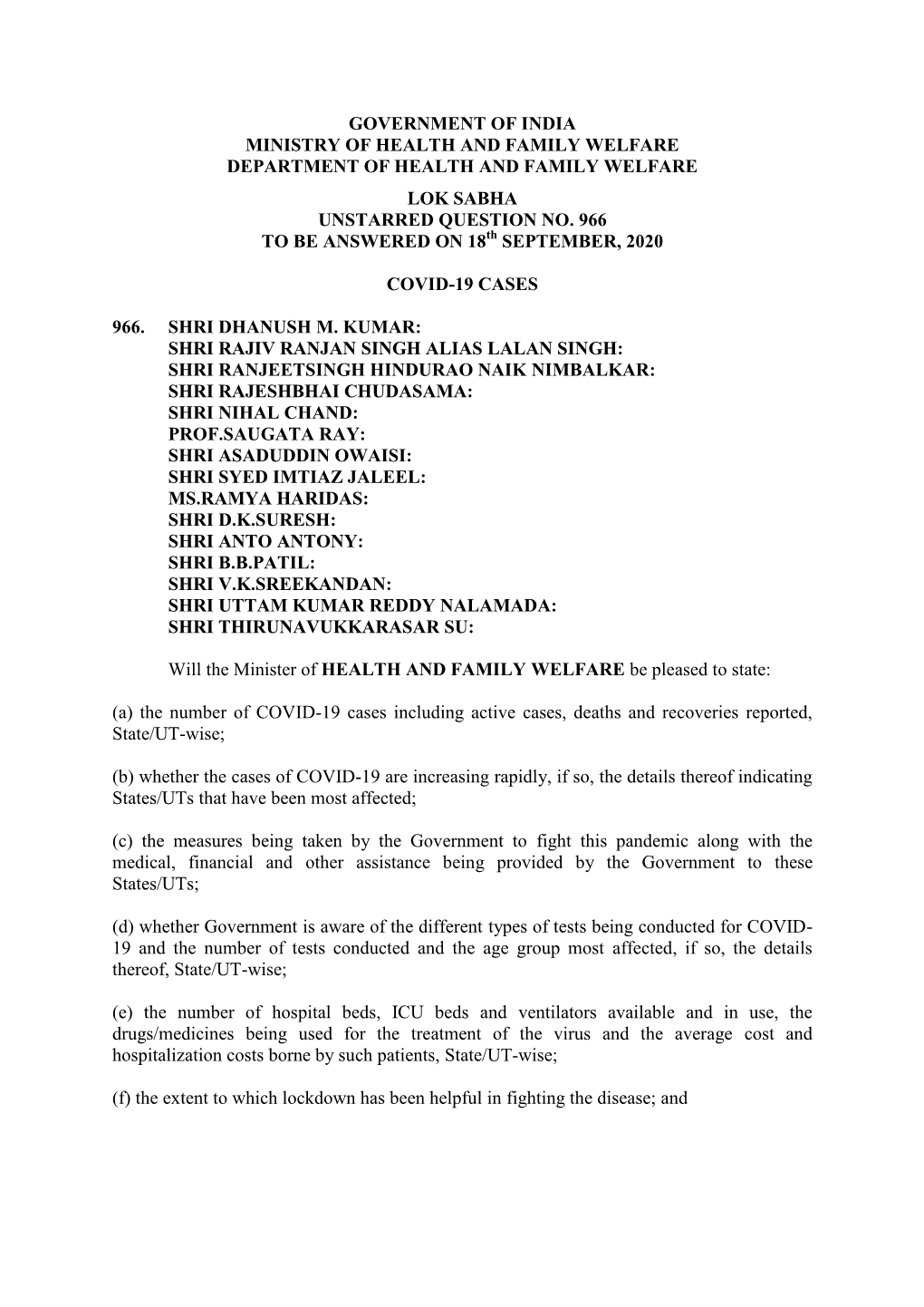 Government of India Ministry of Health and Family Welfare Department of Health and Family Welfare Lok Sabha Unstarred Question No