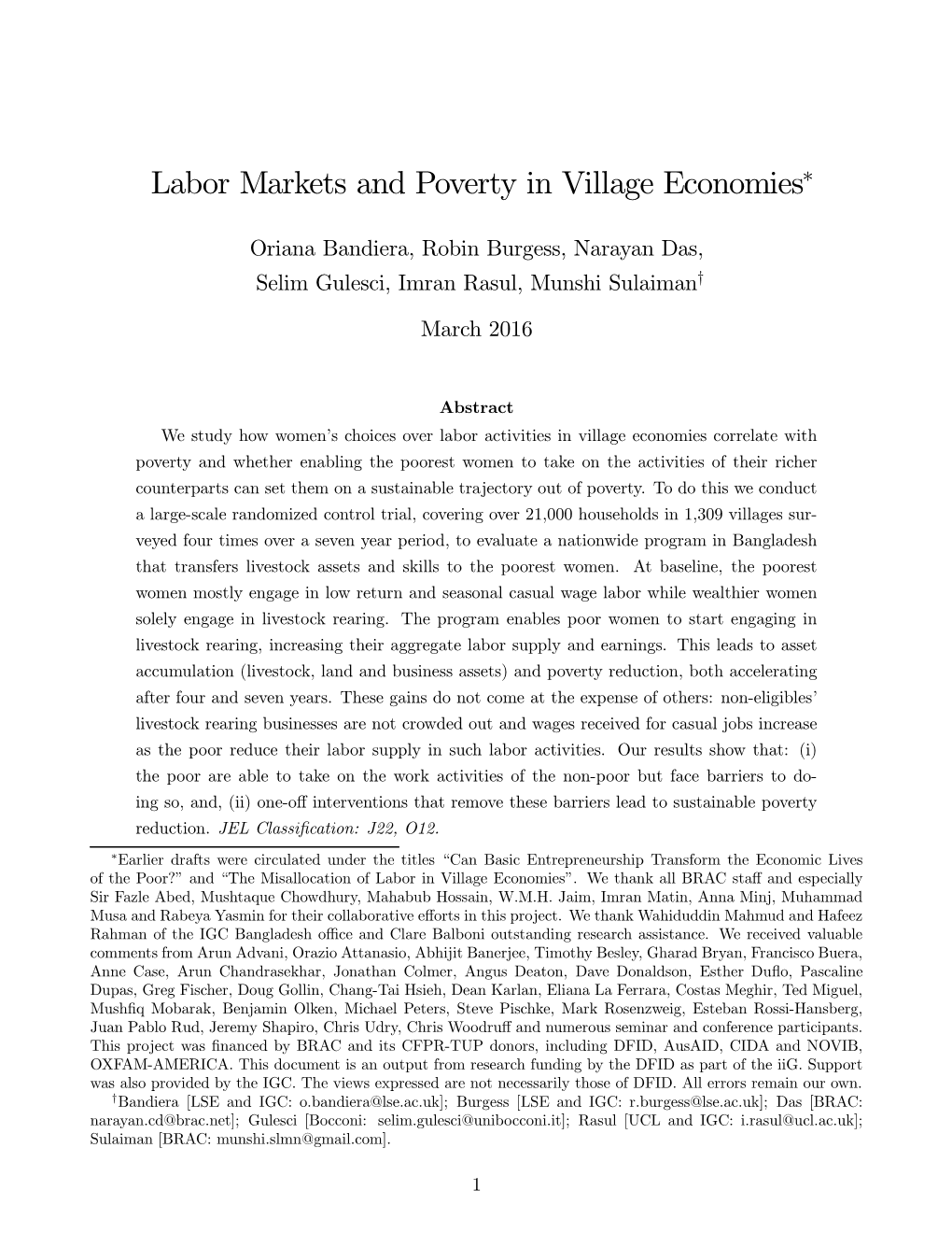 Labor Markets and Poverty in Village Economies*