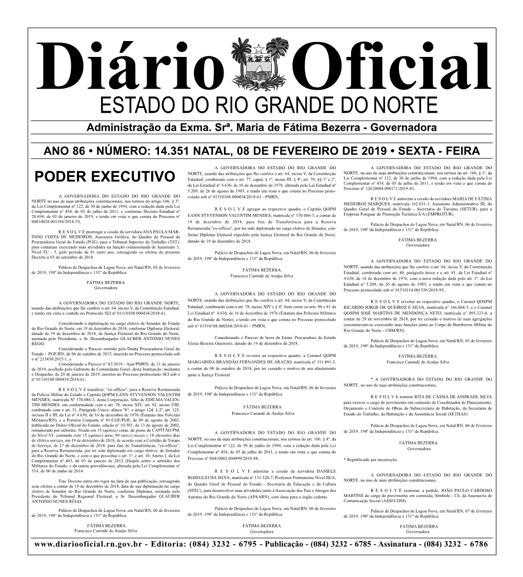 Diário Oficial ESTADO DO RIO GRANDE DO NORTE Administração Da Exma