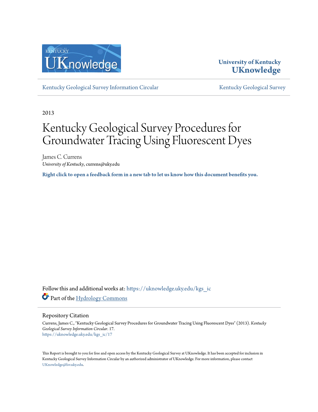 Kentucky Geological Survey Procedures for Groundwater Tracing Using Fluorescent Dyes James C