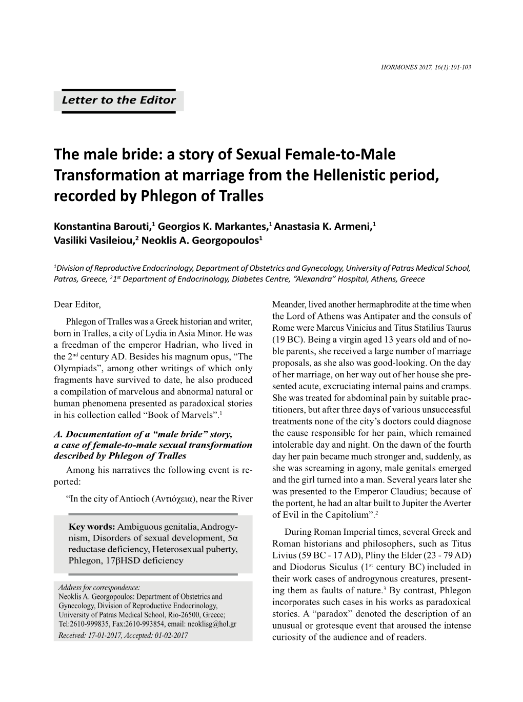 A Story of Sexual Female-To-Male Transformation at Marriage from the Hellenistic Period, Recorded by Phlegon of Tralles