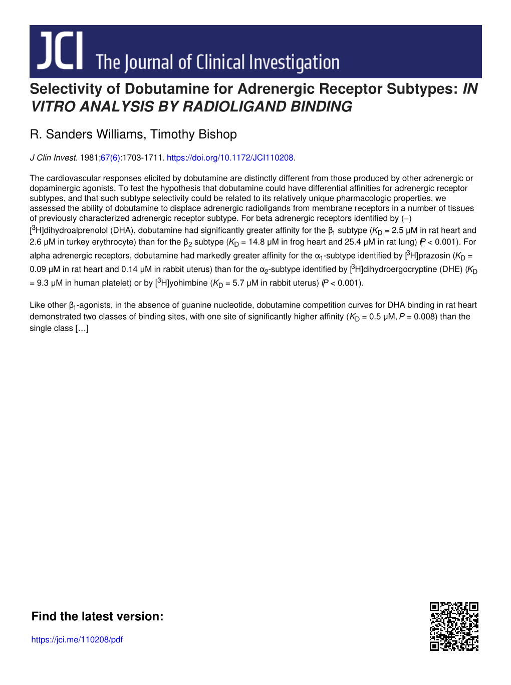 Selectivity of Dobutamine for Adrenergic Receptor Subtypes: in VITRO ANALYSIS by RADIOLIGAND BINDING