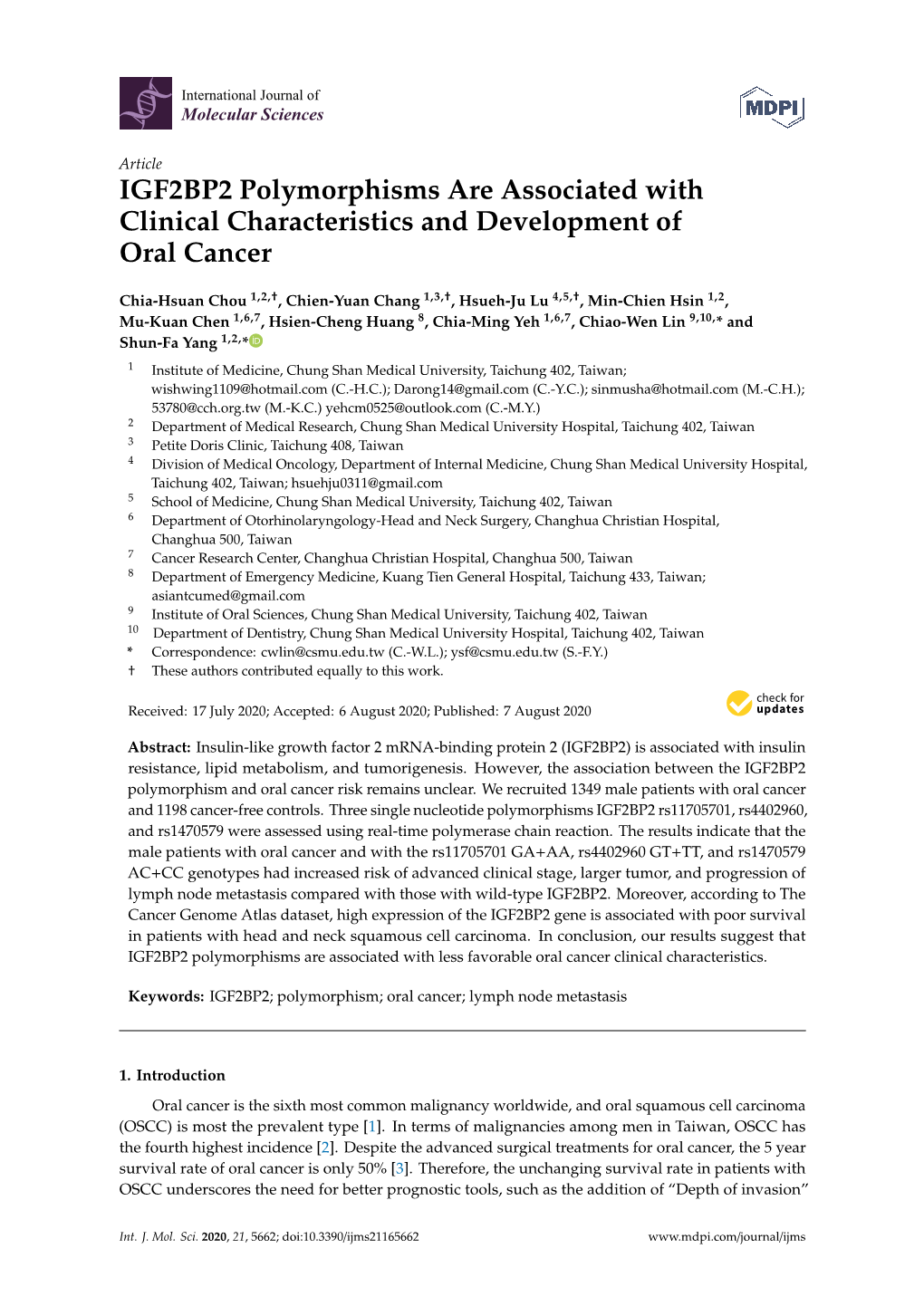 IGF2BP2 Polymorphisms Are Associated with Clinical Characteristics and Development of Oral Cancer