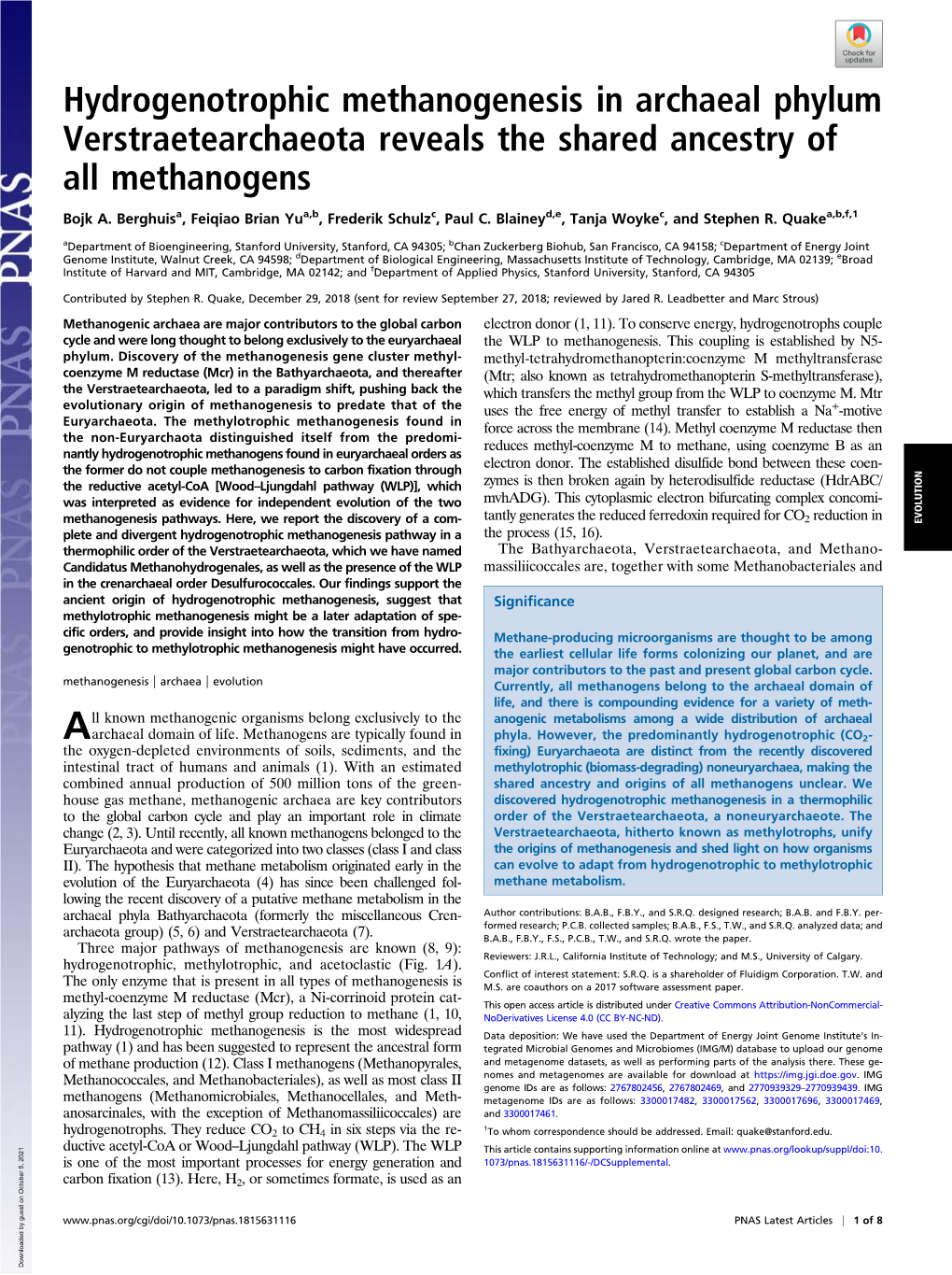 Hydrogenotrophic Methanogenesis In Archaeal Phylum Verstraetearchaeota ...