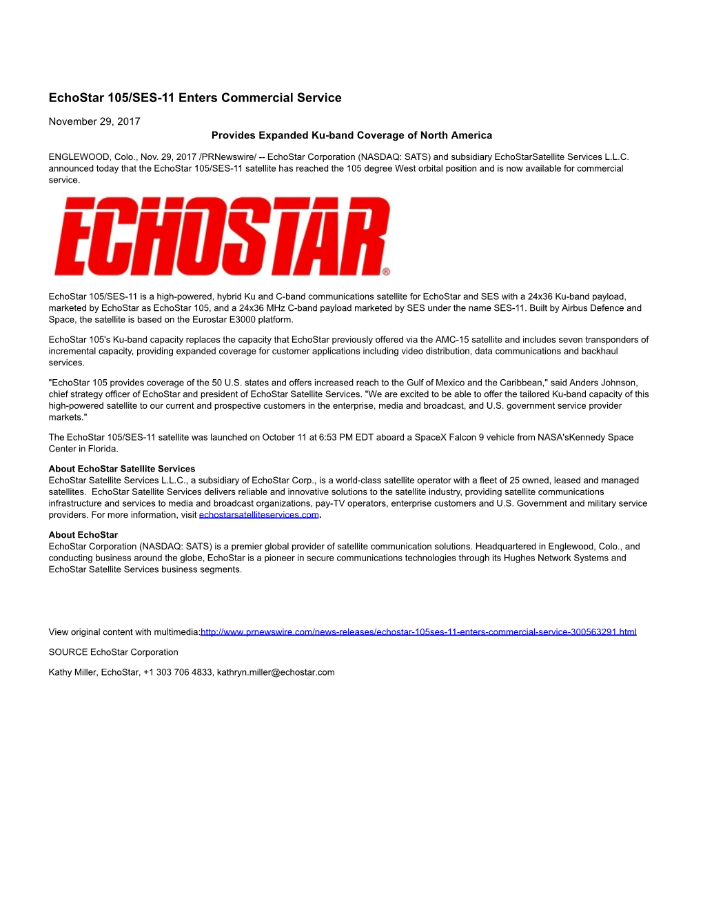 Echostar 105/SES-11 Enters Commercial Service