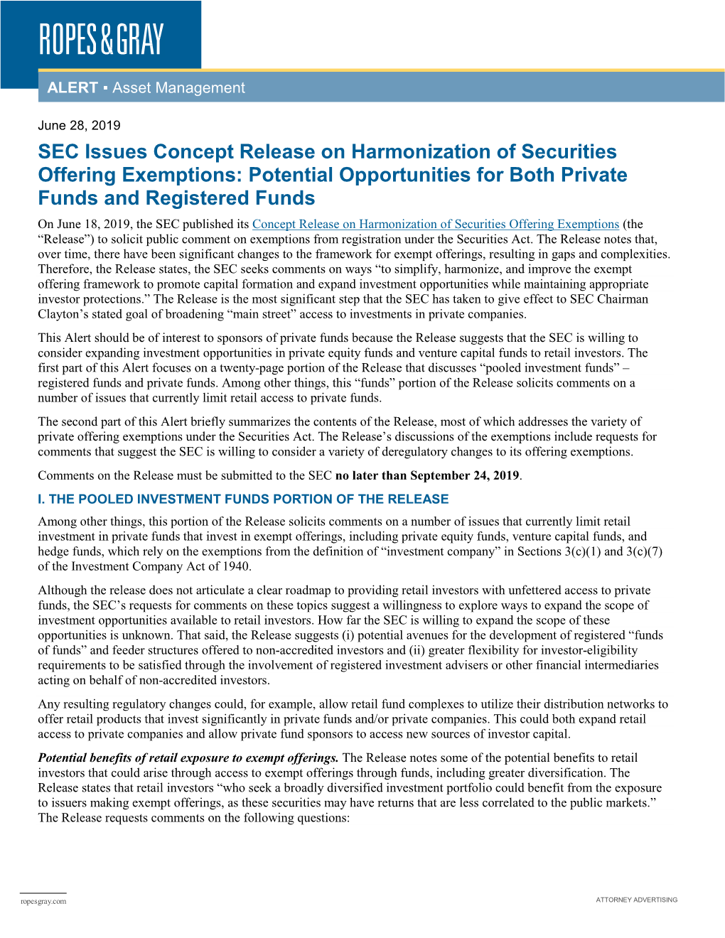 SEC Issues Concept Release on Harmonization of Securities Offering Exemptions: Potential Opportunities for Both Private Funds An