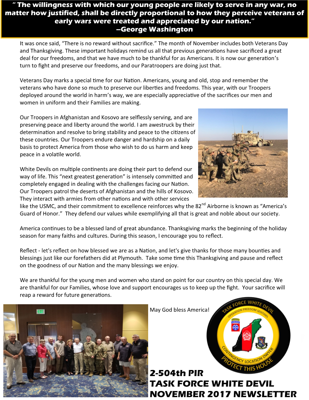 2-504Th PIR TASK FORCE WHITE DEVIL NOVEMBER 2017 NEWSLETTER HEADQUARTERS and HEADQUARTERS COMPANY - AFGHANISTAN