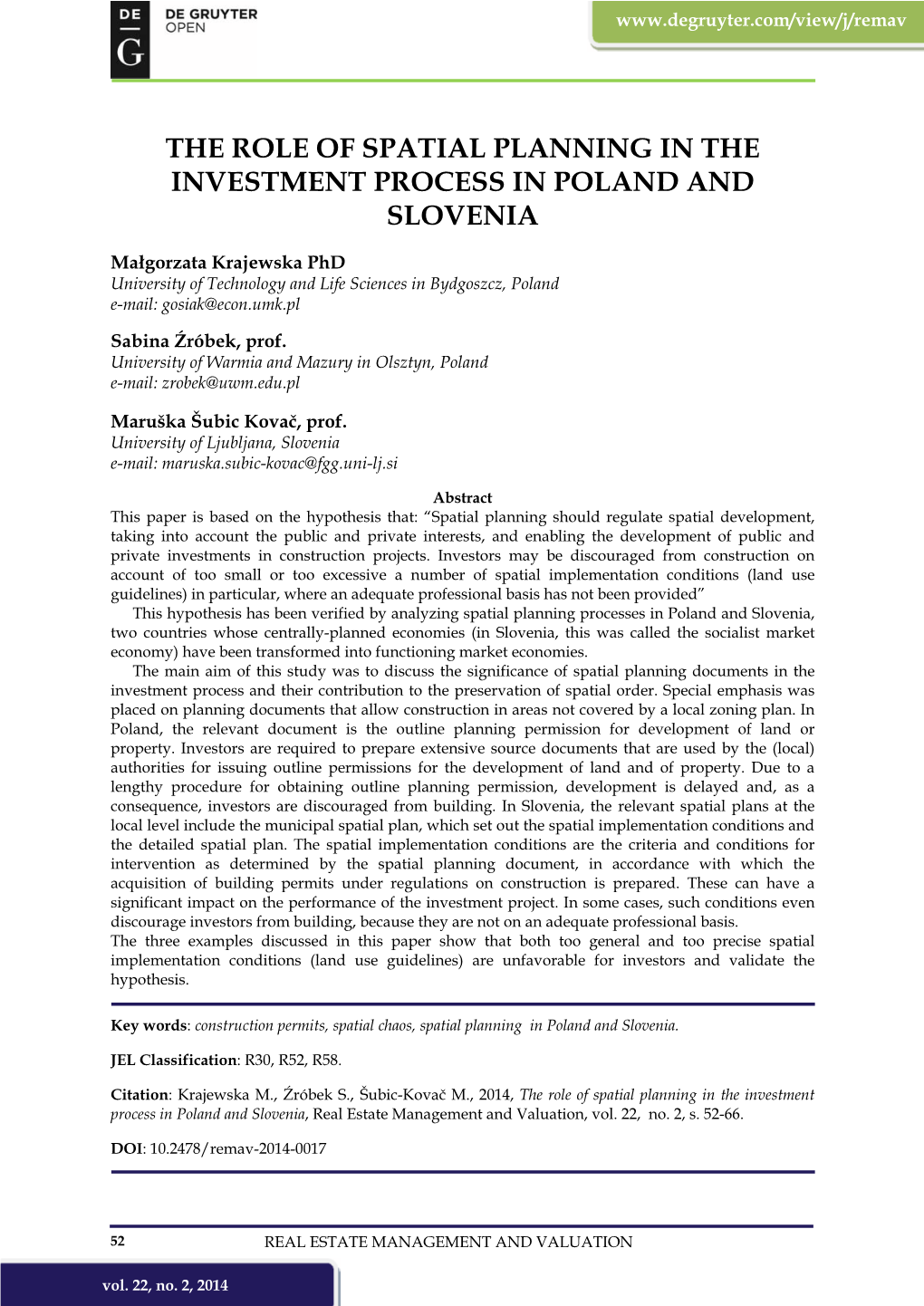 The Role of Spatial Planning in the Investment Process in Poland and Slovenia