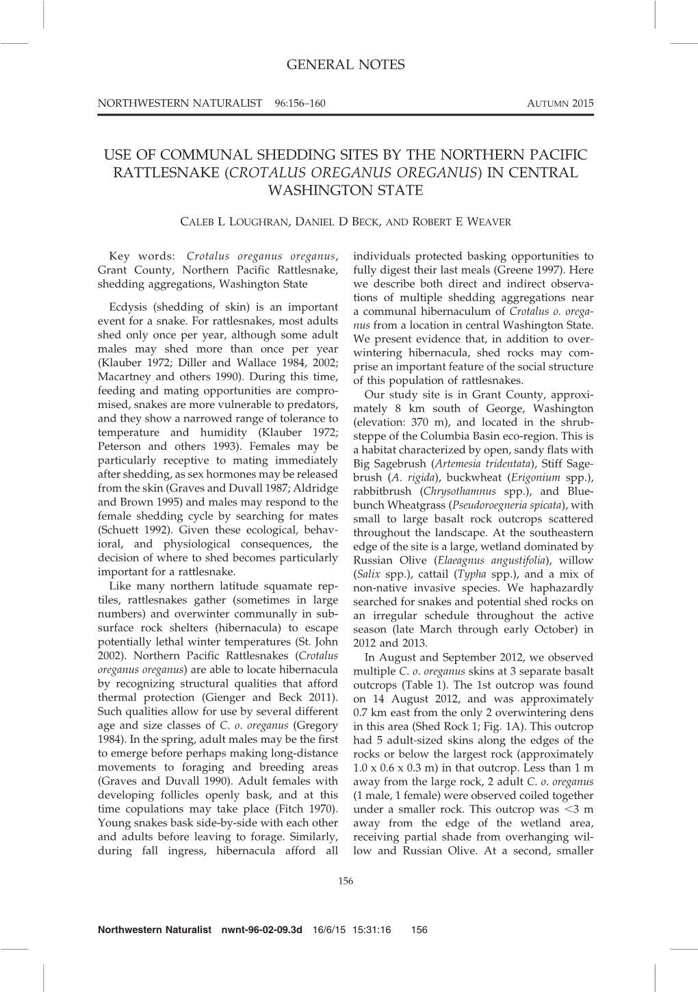 Use of Communal Shedding Sites by the Northern Pacific Rattlesnake (Crotalus Oreganus Oreganus) in Central Washington State