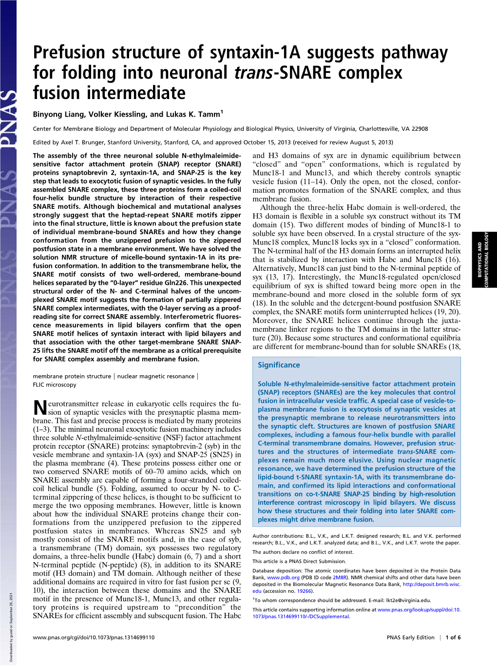 Prefusion Structure of Syntaxin-1A Suggests Pathway for Folding Into Neuronal Trans-SNARE Complex Fusion Intermediate