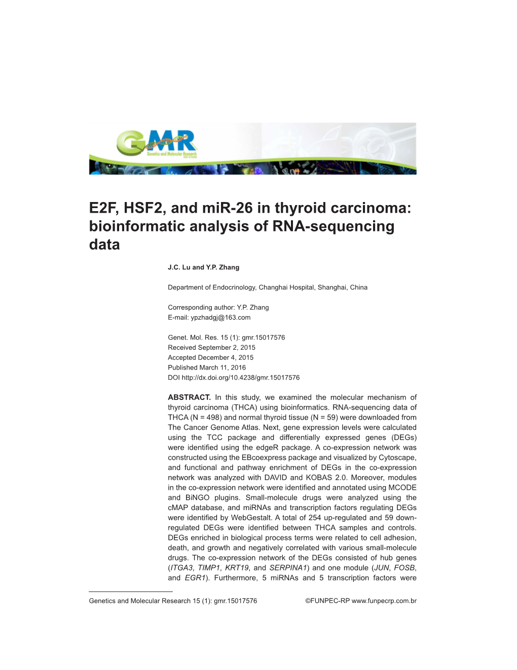 E2F, HSF2, and Mir-26 in Thyroid Carcinoma: Bioinformatic Analysis of RNA-Sequencing Data