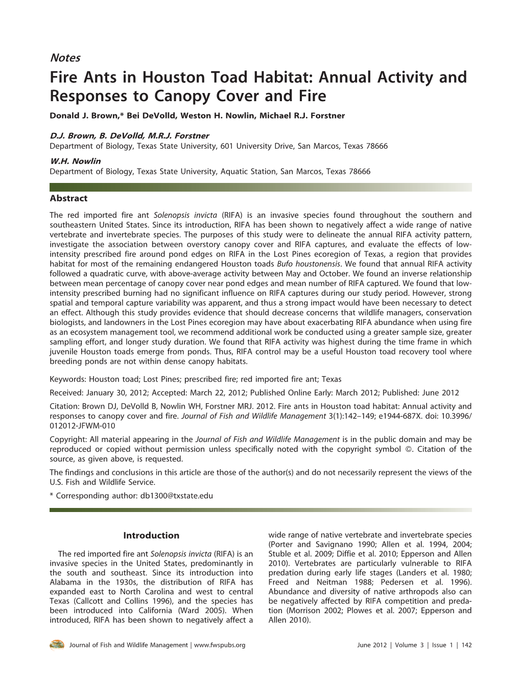 Fire Ants in Houston Toad Habitat: Annual Activity and Responses to Canopy Cover and Fire Donald J