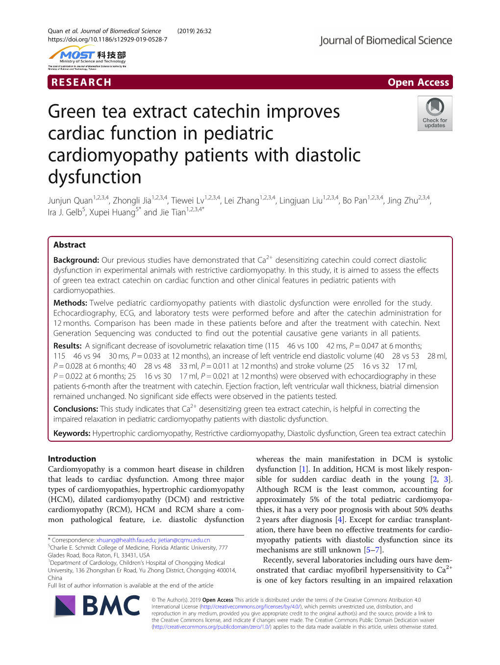 Green Tea Extract Catechin Improves Cardiac Function in Pediatric