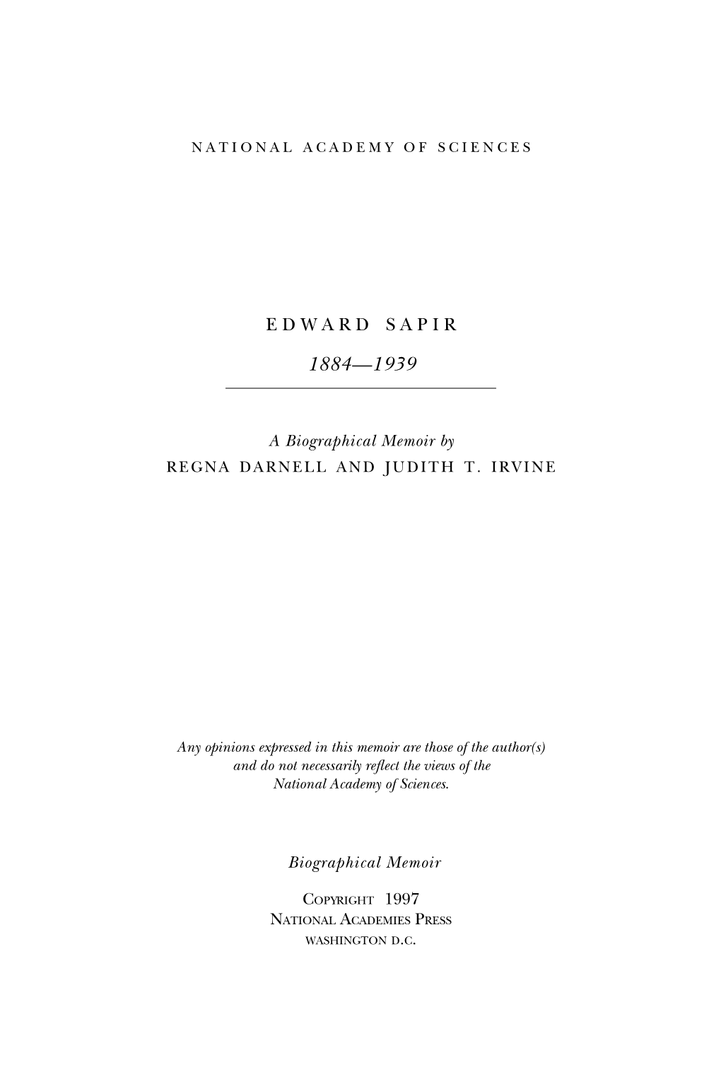 EDWARD SAPIR January 26, 1884–February 4, 1939