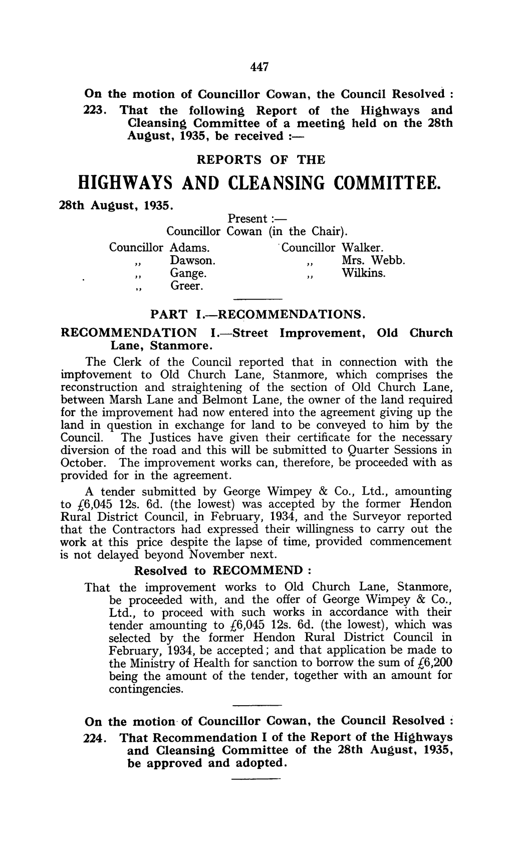 HIGHWAYS and CLEANSING COMMITTEE. 28Th August, 1935