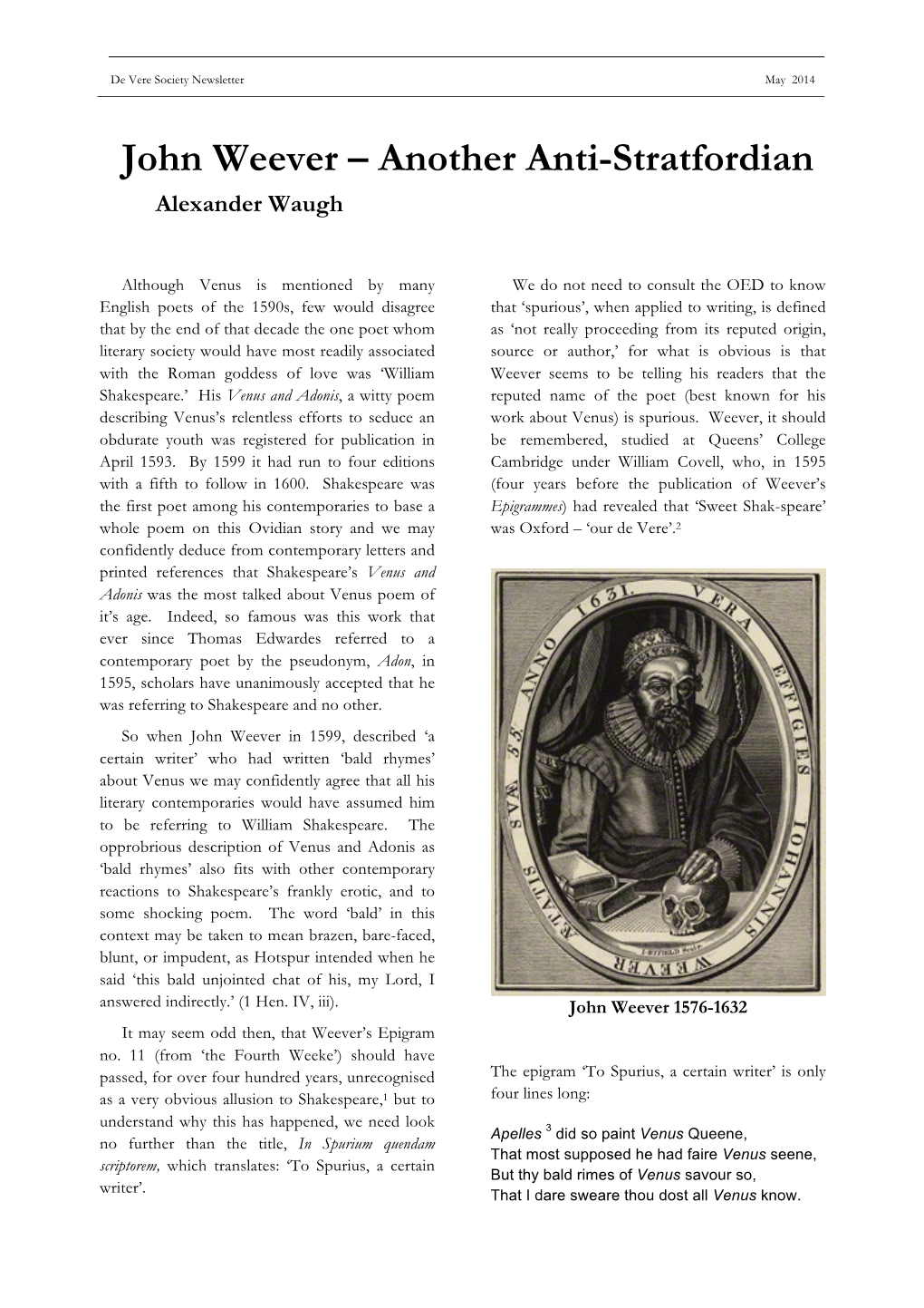 John Weever – Another Anti-Stratfordian Alexander Waugh