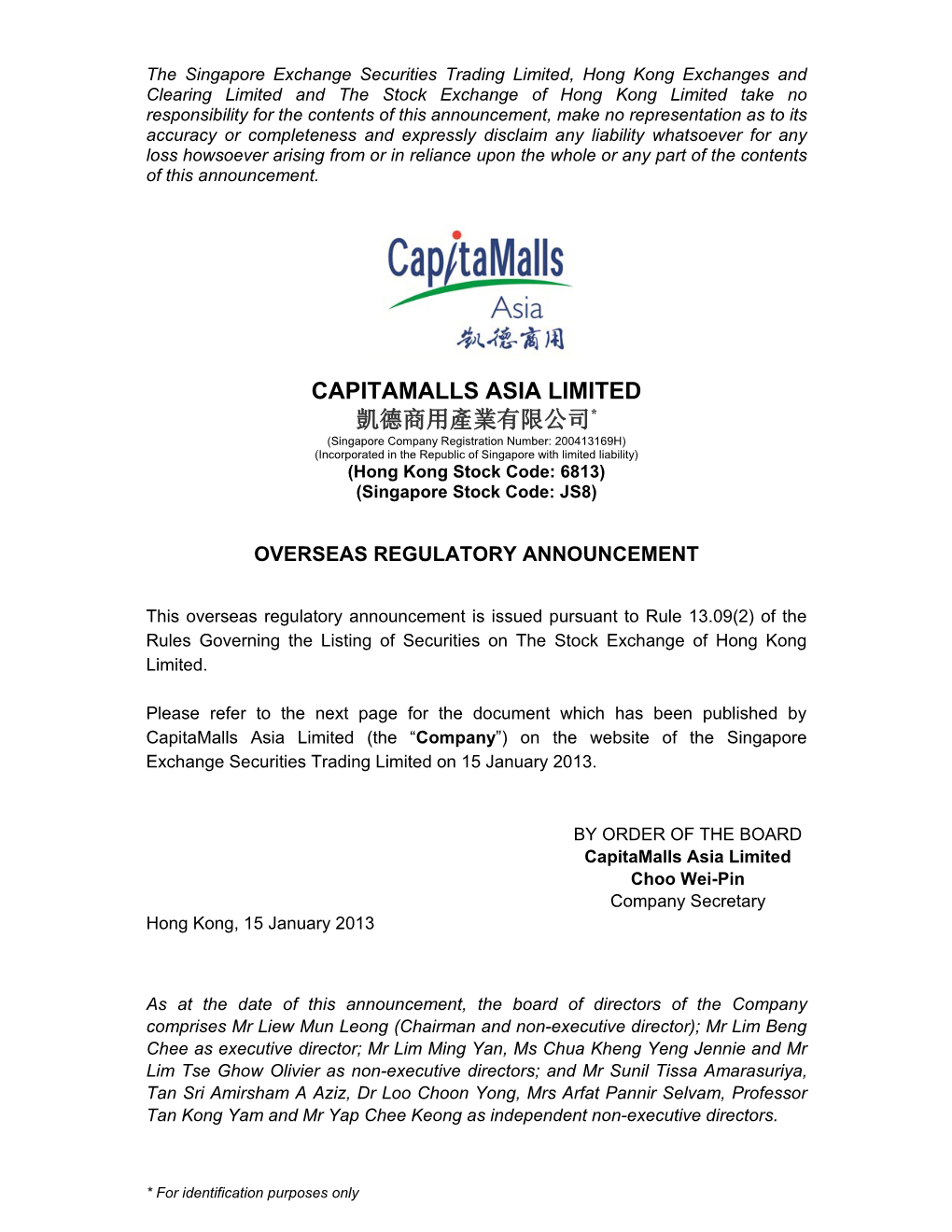 Capitamalls Asia Limited 凱德商用產業有限公司*