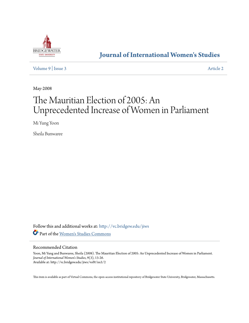 The Mauritian Election of 2005: an Unprecedented Increase of Women in Parliament