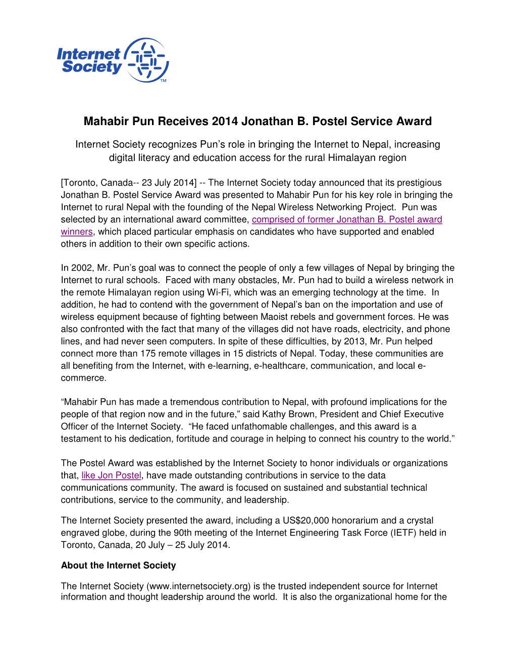 Mahabir Pun Receives 2014 Jonathan B. Postel Service Award