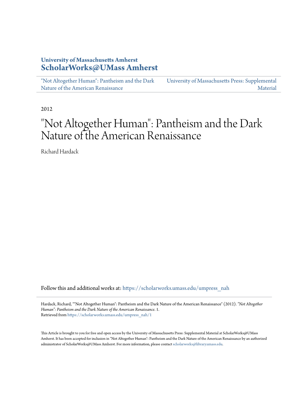 Pantheism and the Dark Nature of the American Renaissance Richard Hardack