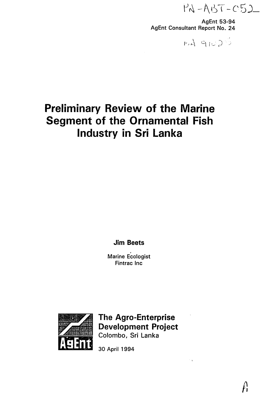 Preliminary Review of the Marine Segment of the Ornamental Fish Industry in Sri Lanka